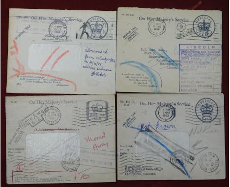 Great Britain 1958-66 group of 4 OHMS official paid income tax envelopes all returned with a variety of stamped and Manuscrip