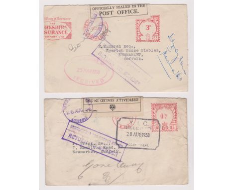 Great Britain 1958 pair of Yorkshire Insurance Co., envelopes with different red 3d meter postage rate. 1) 20.3.1958 Peterbor