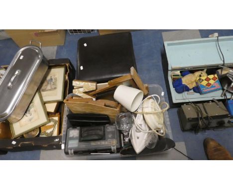 A Box Containing Sundries to Include Tools, Iron, Tape Measure, Box Stool 