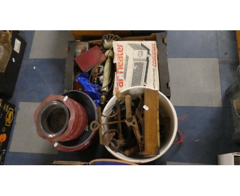 A Bucket of Tools, Various Planters, Onyx Table Lamp, Fan Heater, Electric Drill etc 