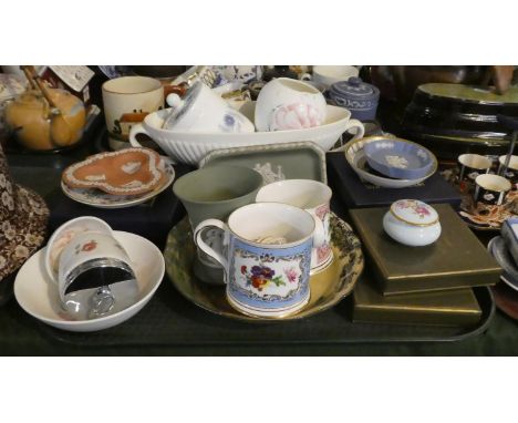 A Tray of Ceramics to Include Pink, Green and Blue Jasperware, Royal Worcester Egg Coddler, Wedgwood Clementine, Royal Doulto