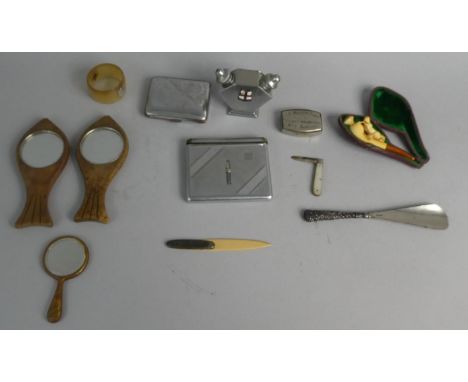 A Box Containing Curios to Include Silver Plated Cigarette Cases, Souvenir Salt and Pepper, Cased Meerschaum Pipe, Silver Han