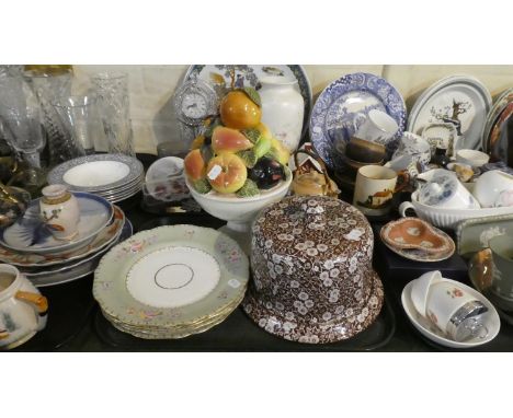 A Brown Calico Cheese Dish and Cover Set of Four Fruit Plates and a Ceramic Fruit Ornament 