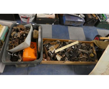 Two Boxes of Various Fittings, Casters, Trolley Wheels, Tools etc 