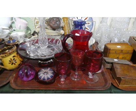 A Tray of Coloured Glassware to Include Hand Blown Ruby Glass, 19th Century Glass, Cranberry Wine Glasses, Two Paperweights t