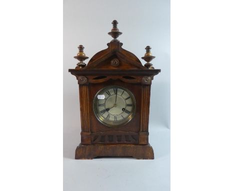 An Edwardian Oak American Mantle Clock of Architectural Form, 45cm high 