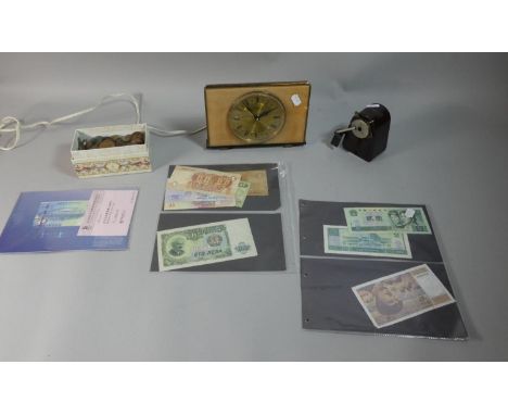 A Tray Containing Various Vintage Coins and Bank Notes, Metamec Mantle Clock, Bakelite Desktop Pencil Sharpener etc 