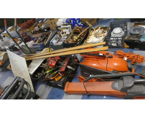 A Collection of Various Garden Tools, Lawn Mowers, Cultivator, Leaf Blower, Trolley, Wall Maps etc Most in Need of Attention 