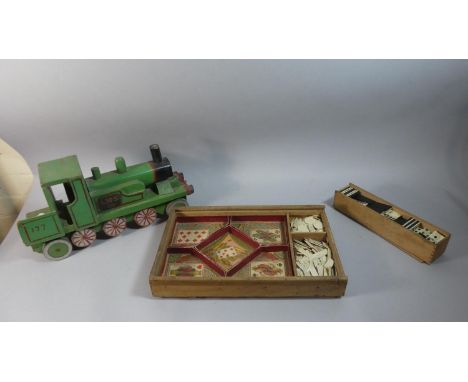 A Handmade Wooden Model of an LMS Locomotive, 39cm Long a Wooden Box Containing Dominoes and a Vintage Wooden Box Containing 