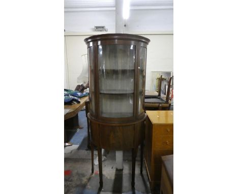 An Edwardian Inlaid Mahogany Bow Fronted Double Freestanding Cabinet with Glaze Top Section and Cupboard Base on Square Taper