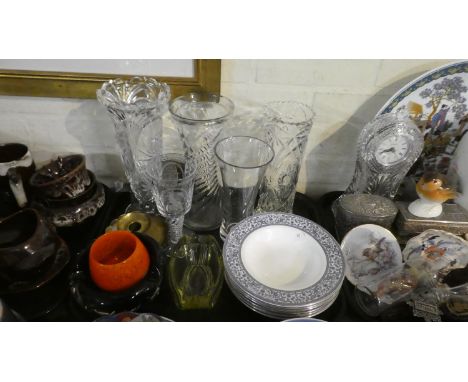A Tray of Coloured and Plain Glassware to Include Vases, Ashtrays, Brass Candlestick and Minton Infanta Bowls, Double Airtwis