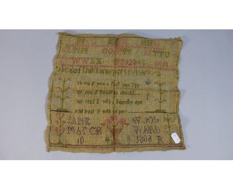 An Unframed Sampler by Jane Woodward 1808, 31cm Wide x 28cm 