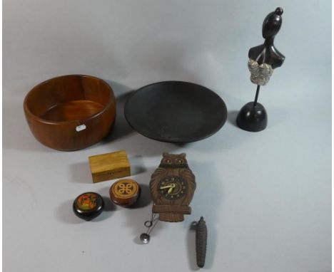 A Collection of Treen Items to Include Paico Owl Clock, Lacquered and Treen Boxes, Two Bowls etc 