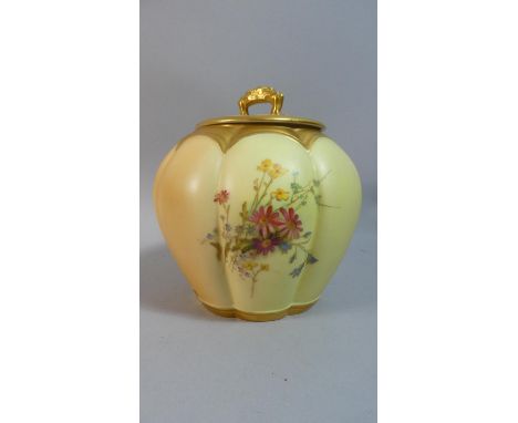 A Royal Worcester Blush Ivory Lobed Vase and Cover of Melon Form Decorated with Floral Sprays 