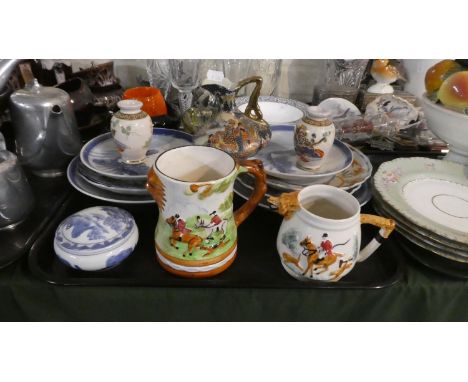 A Tray of Oriental Blue and White and Imari Plates, Hunting Jugs, Japanese Vases etc 