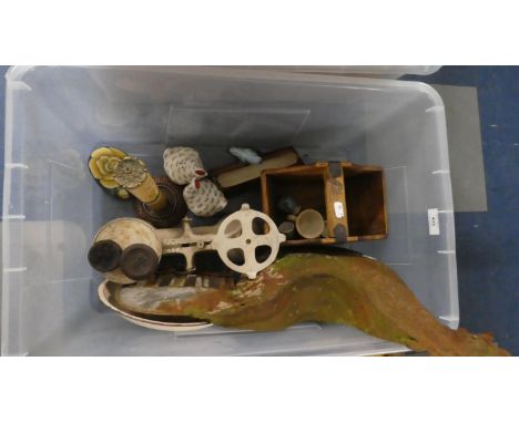 A Box Containing Metal Wind Vane Cockerel, Kitchen Scales, Wooden Egg Box, Ornaments etc 