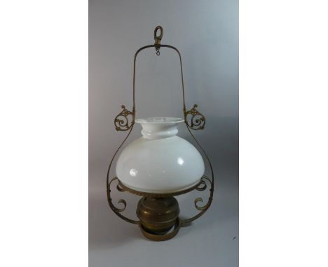 A Late 19th/Early 20th Century Brass Framed Ceiling Hanging Oil Lamp with Opaque Glass Shade, 68cm High 