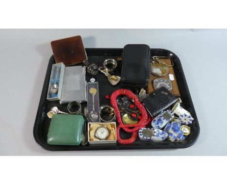 A Tray of Curios to Include Souvenir Spoons, Travelling Alarm Clock, Cigarette Case/Lighter, Folding Binoculars, Ceramics etc