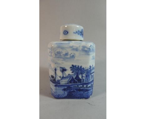 A Blue and White Lidded Delft Tea Caddy with Harbour Scene 