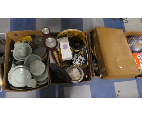 Three Boxes of China, Ornaments, Wall Plaque, Barometer, Vintage Suitcase etc