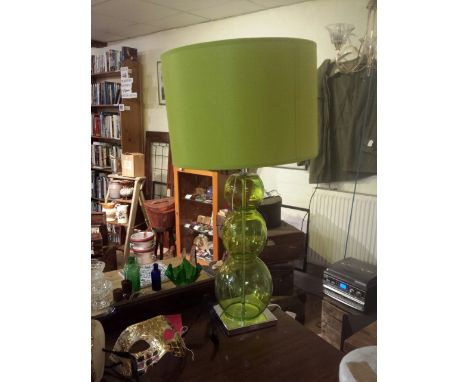 Vintage 1960's green coloured glass lamp base with shade (PAT tested), 62 cm high overall