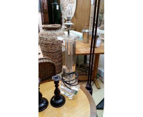 One very good heavy glass column lamp base, PAT tested Nov 2015, used in Calcot Manor. 45 cm high to top of glass, 13 cm sq b