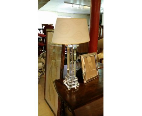 Single glass base lamp with neutral shade. Very heavy base. Used in Calcot Manor. Shade is ovoid in shape. Overall 68.5 cm hi