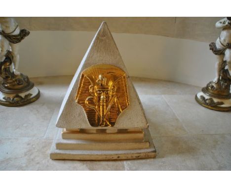 Stone (possibly fibreclay) pyramid electric light with gold coloured pharoah mask panel, PAT tested Oct 2015. 37 cm sq base, 