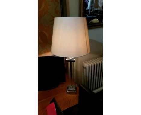 Slim glass and chrome column lamp base with neutral shade, PAT tested Nov 2015, used at Calcot Manor