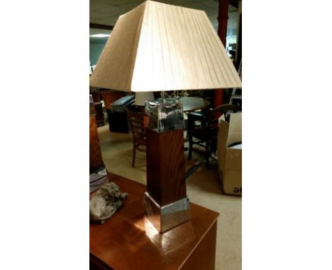 Dark wood and chrome lamp base with neutral shade, base is 50 cm, overall the whole lamp is 74cm high. Used in Calcot Manor (