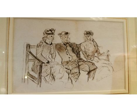 Pen and Ink, 19thC, framed under glass, "The Parson's Corner", inscribed lower right, 3 figures on a bench, 12 x 19 cm image.