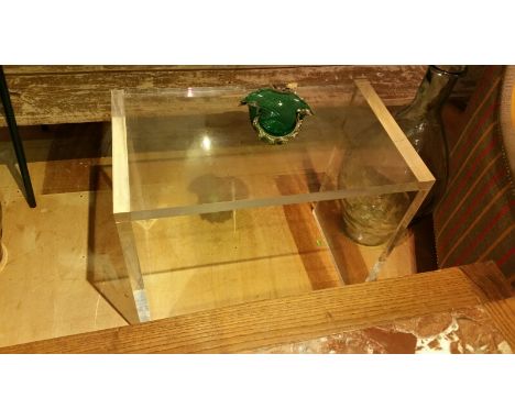 Heavy perspex side table. 60cm long, 35cm deep, 50cm high. Used in Calcot Manor. Some light marks and scratches.