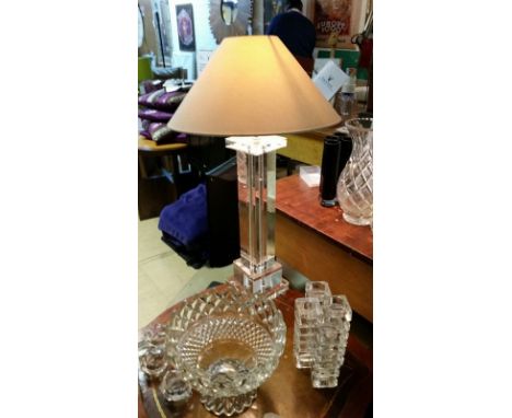 Heavy glass column lamp base with neutral shade, 67 cm overall inc shade, used at Calcot Manor. PAT tested Nov 2015