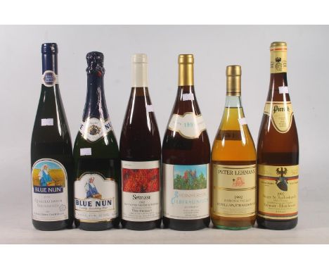 Six bottles of wine to include PETER LEHMANN 1992 chardonnay/semillon 13% abv. 75cl, RHEINHESSEN LIEBFRAUMILCH 1994 9.5% abv.