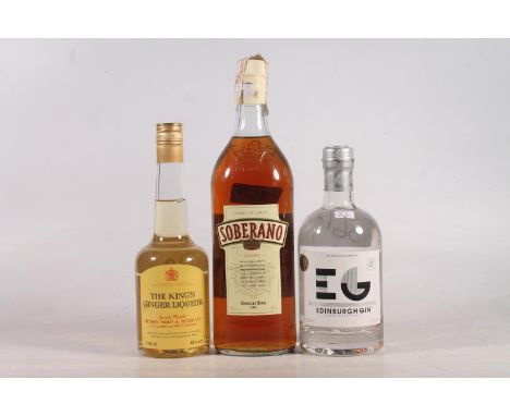 Three bottles of alcohol to include EDINBURGH GIN 43% abv. 70cl, SOBERANO brandy of Jerez 36% abv. 1litre, and THE KING'S GIN