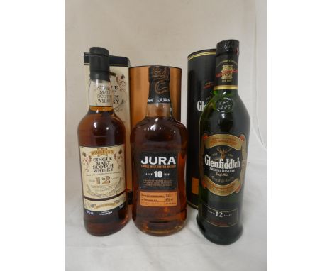 Three bottles of single malt scotch whisky, Glenfiddich special reserve, Jura 10 years old, matured in American white oak bou