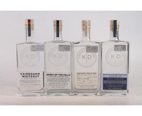 Four bottles of KINRARA Scottish gin to include Cairngorm Whiteout 41.5% abv. Spirit of the Falls 41.5% abv. Estate Juniper E