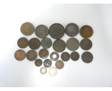 Group of antique world coins to include an 1852 USA cent, 1903 Barber dime, 1797 cartwheel twopence, a one penny model, etc.