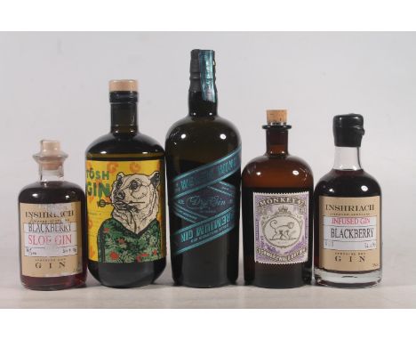 Five bottles of gin to include TOSH small batch Moravian gin 40% abv. 70cl, WELSH WIND dry gin 43% abv. 70cl, MONKEY 47 Schwa