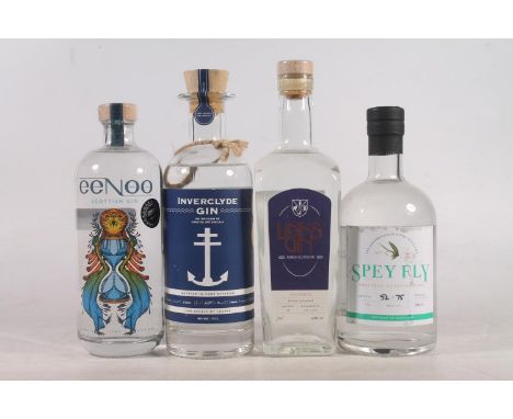 Four bottles of gin to include EENOO 43% abv. 70cl, INVERCLYDE gin 40% abv. 70cl, LINKS gin batch 02, bottle number 640/700 4