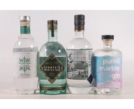 Four bottles of gin to include SNAWSTORM 42% abv. 70cl, SCHOFE'S Winter gin 40% abv. 70cl, HYDRO London dry gin 40% abv. 70cl