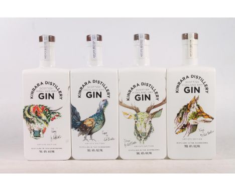 Set of four KINRARA Scottish gin in different artists edition bottles with bottle designs by Kat Baxter including Caper, Stru