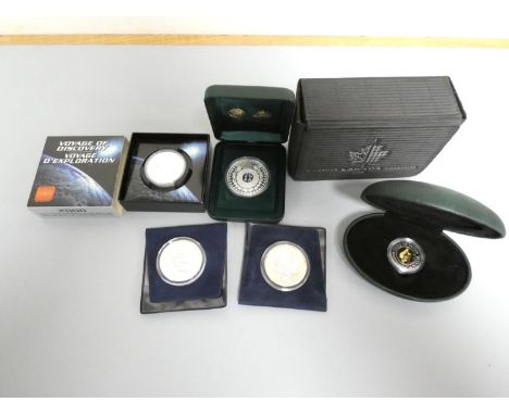 Group of silver coins to include a 2000 Canadian Voyage of Discovery sterling silver proof dollar, a boxed .999 proof Austral