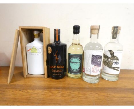 Group of spirits to include a Loch Ness small batch Highland Gin no. 4 / 384 43.3% ABV 70cl, a Whittaker's Gin small batch sl