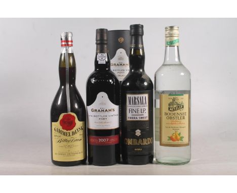 Four bottles of alcohol to include GRAHAM'S 2007 Late Bottled Vintage LBV port 20% abv. 75cl boxed, GAMMEL DANSK bitter dram 