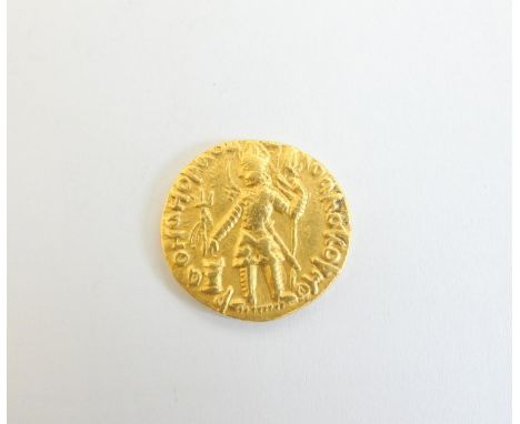 Kushan Empire. Vasudeva II (270-310AD) Gold Dinar OBV King standing facing left holding trident and banner / REV Siva standin