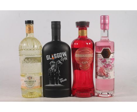 Four bottles of gin to include GLASGOW GIN Pure Gallus 43.3% abv. 70cl, HAWKRIDGE London dry 42% abv. 70cl, SIX BELLS London 