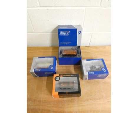 Dapol. Four boxed O Gauge models comprising of a BR Standard Planked Van 7F-056-013, Class B Anchor Mounted Tank 7F-063-001, 