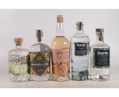 Five bottles of gin to include BARRA Atlantic gin 46% abv. 70cl, BARRA Atlantic gin 46% abv. 70cl, BARRA Gold Cave Batch 2 40