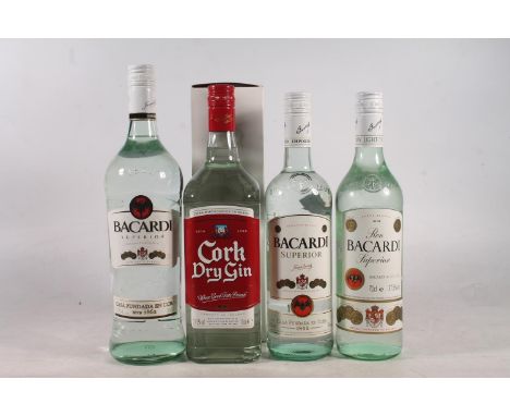 Three bottles of BACARDI Superior white rum 37.5% abv. 70cl x2 and 1 litre and CORK Dry gin 37.5% abv. 1litre boxed. (4)